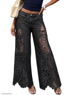 High Rise Wide Leg Floral Lace Embroidered Jeans